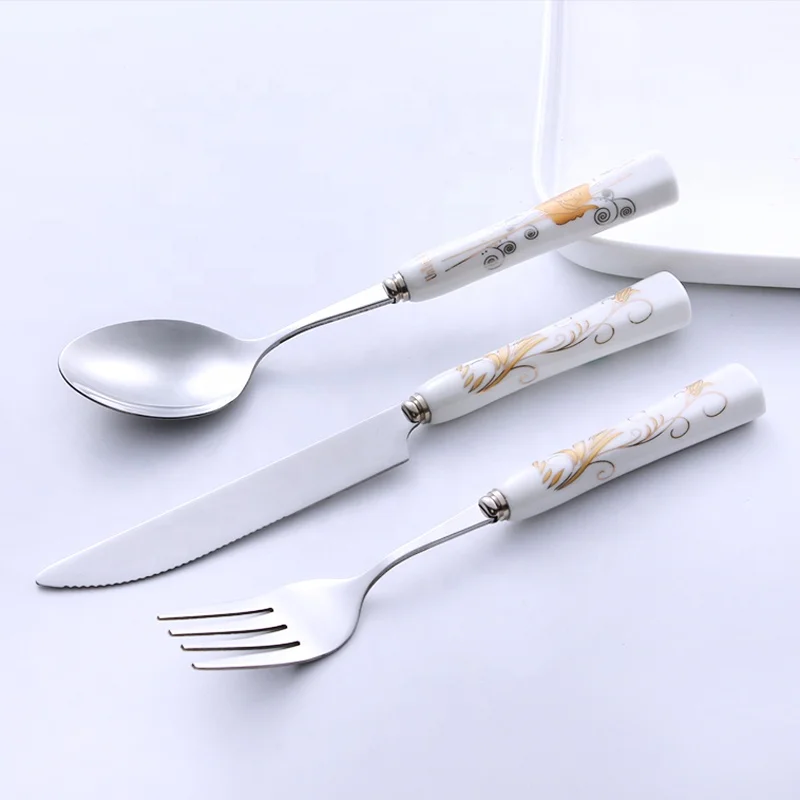 Flower Pattern Flatware Sets Ceramics Handle Stainless Steel Spoon Fork