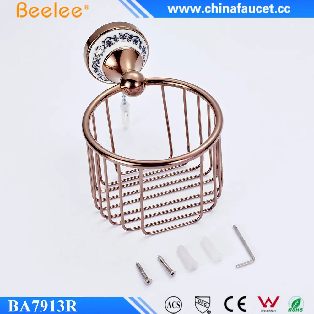 
Beelee BL7913R Solid Brass Rose Gold Toilet Paper Holder Wall Mounted Bathroom Paper Storage Basket 