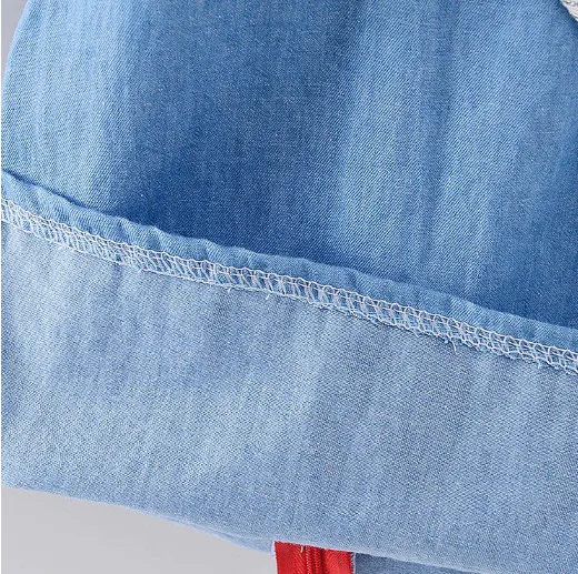 2017 Cotton denim dress girl kids summer children dress with lovely polka dot pocket girls denim dresses