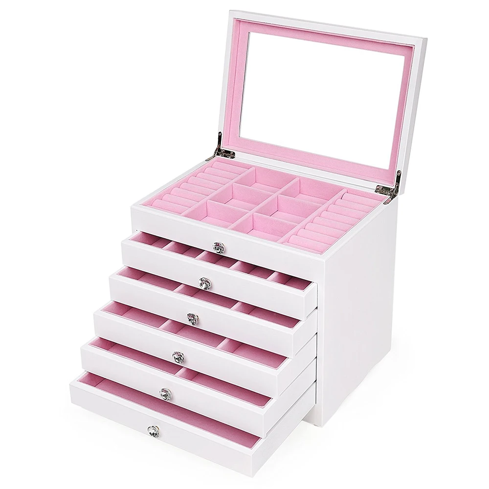 
Lacquer Five drawers custom large white big jewelry box large mirror stand up 