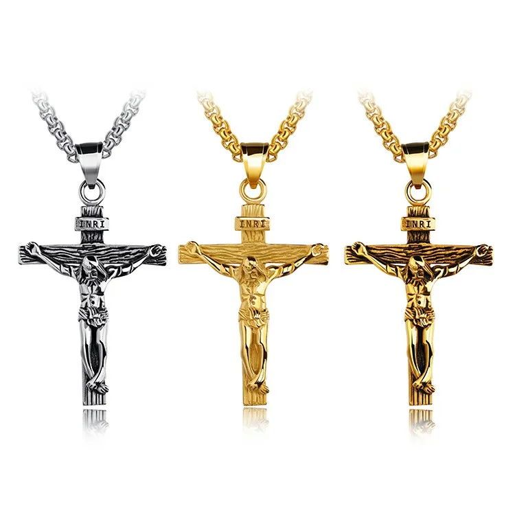 Stainless Steel Gold Plated Religious Cross Necklace Jesus Christian Jewelry Pendant
