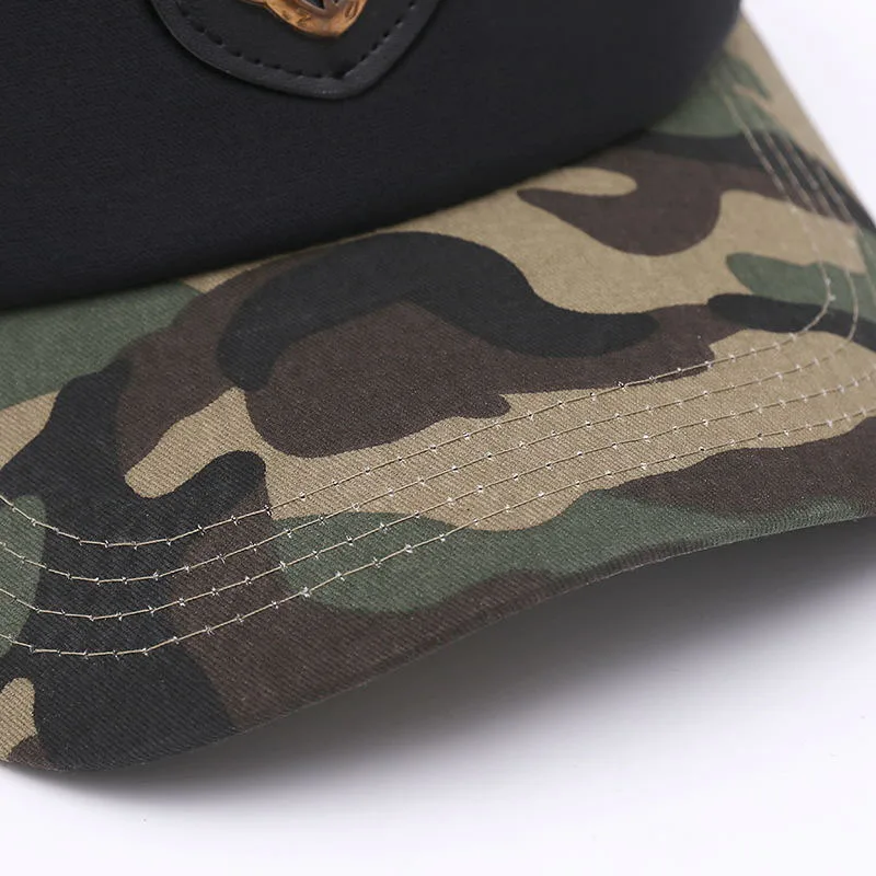 Siren Custom Metal Cap Badge Camo Trucker Cap Hat with Double Breasted Buckle