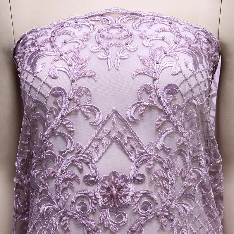 Wholesale Haute Couture Handmade Beaded Dubai Fabric Colorful  Lace Fabric Beads Bridal French Lace Fabric