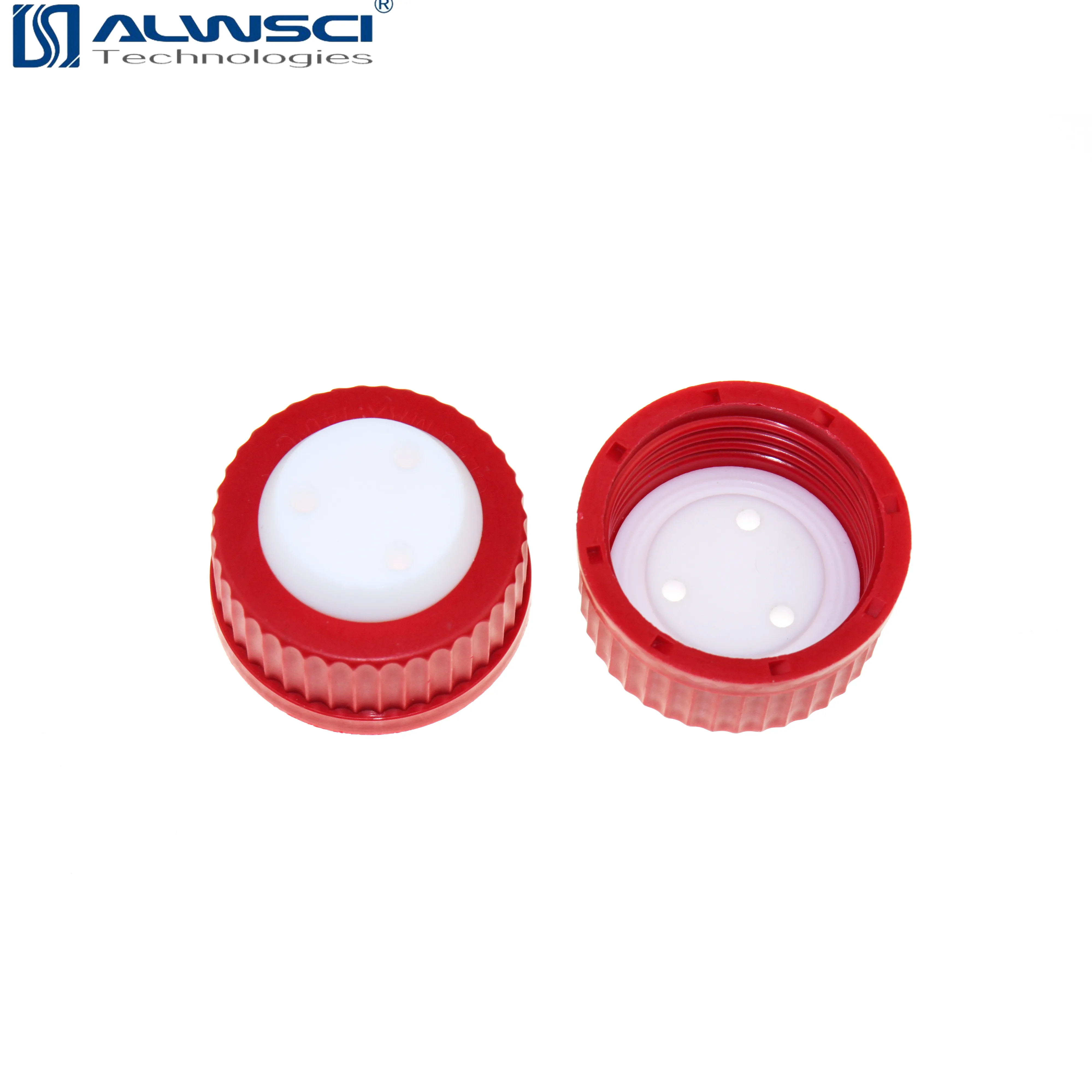 ALWSCI red GL45 safety cap with three holes for 1/8 inch OD tubing
