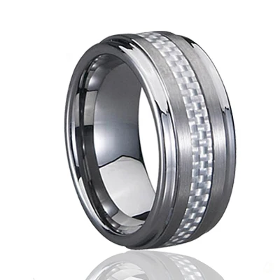 Hot selling 2017 amazon 8mm silver tungsten carbon fiber ring with high polished and bevels
