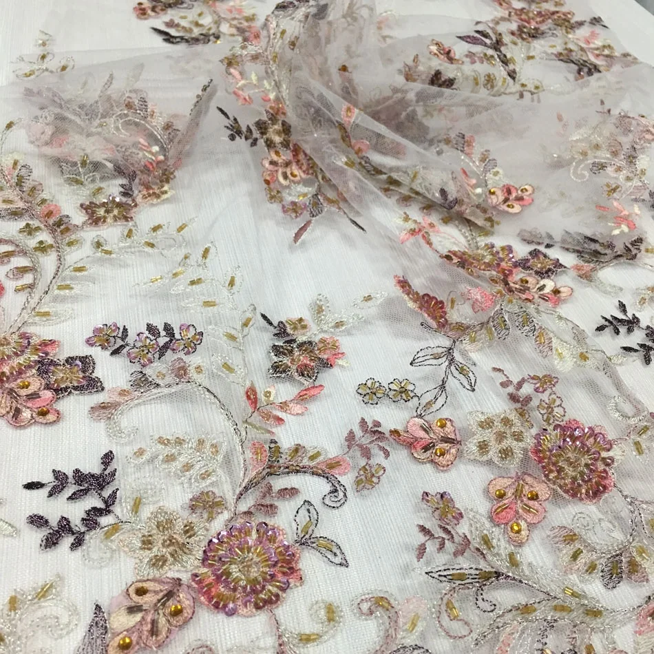 top end bridal beaded lace fabric with embroidery on mesh hand sequin and beaded tulle  lace fabric for party dress