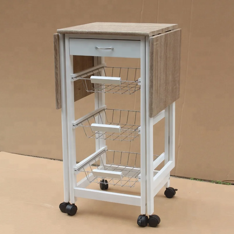 
Portable Rolling Drop Leaf Kitchen Island Cart White Tile Top Folding Trolley Table, 1 Wood Drawer & 2 Steel Baskets 