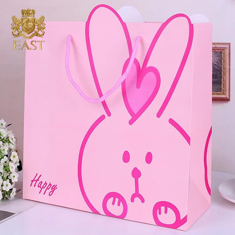 Shopping Packaging Pretty Rabbit Carton Pattern Logo Paper Gift Bag With Handle,personalized paper bags kraft.