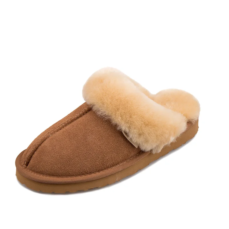 Factory Direct Wholesale soft comfortable Sheep Fur Cow suede Genuine Leather slippers soft fur slippers for women