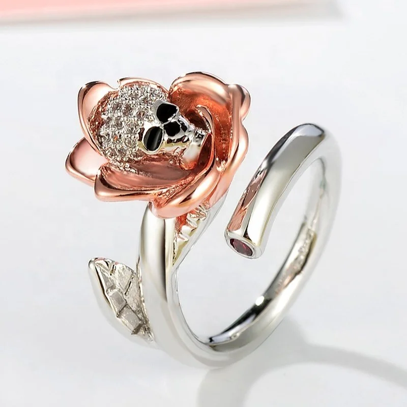 AC08421 AngryCat ustrian Gothic skull Rose Silver Color Rings For Women Girl Fashion Engagement Shiny Crystal CZ Jewelry Trendy