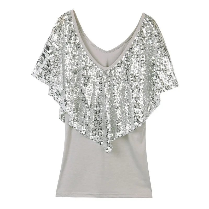Summer Fashion Tops Women Flutter Sleeve V Neck Sequin Blouse Casual Solid Breathable Shirts
