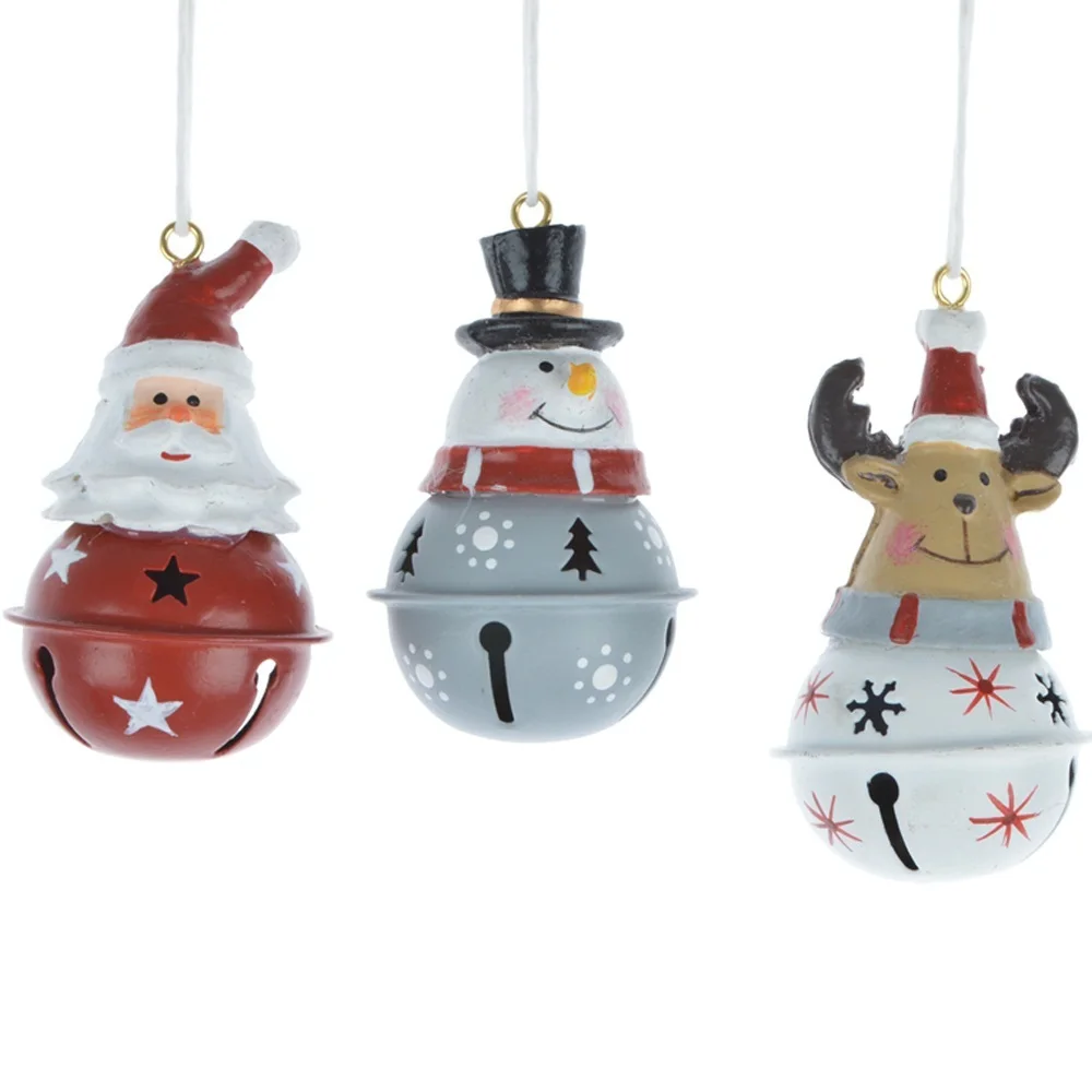 Wholesale Christmas return gifts resin santa claus snowman reindeer figurines hanging decorations with metal jingle bell ball