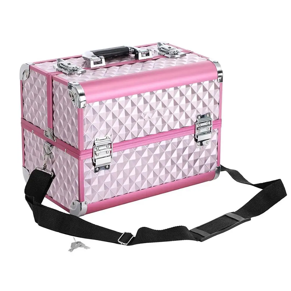 Hard Aluminum Makeup vanity Train Case Expandable Cosmetic Makeup case With Shoulder Strap Portable High Quality
