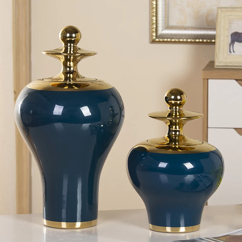 High quality Modern creative design retro decorative pot ceramic Ginger jar blue chinese jar with gold lid