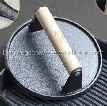 Factory Supply Pre-seasoned Cast Iron Bacon Press Meat Press Round Cooking Grill Press