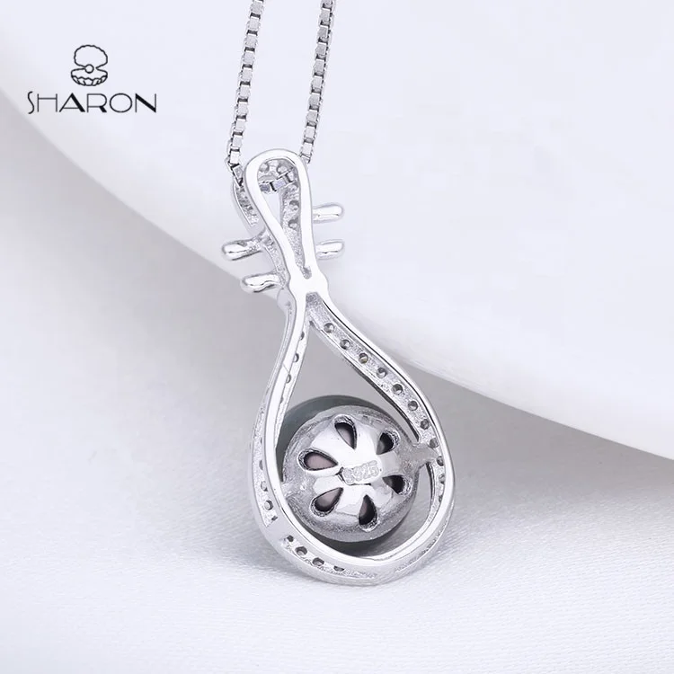 Popular Fashion Custom Sterling Silver Lute Musical Instrument Natural Pearl Pendant Necklace For Women