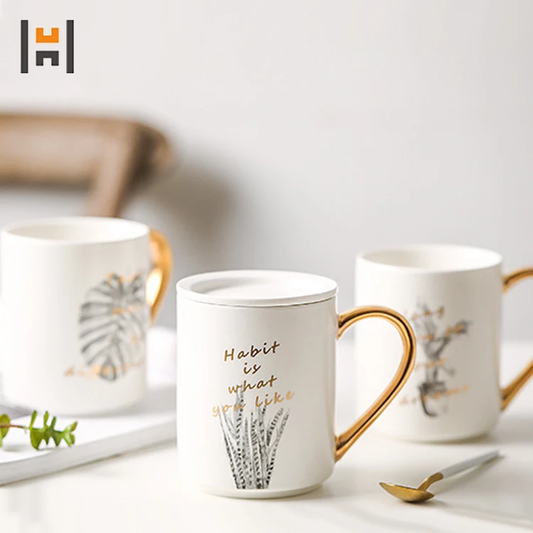 Wholesale Leaf White Coffee Cup Ceramic Coffee Mug With Lid and Gold Handle