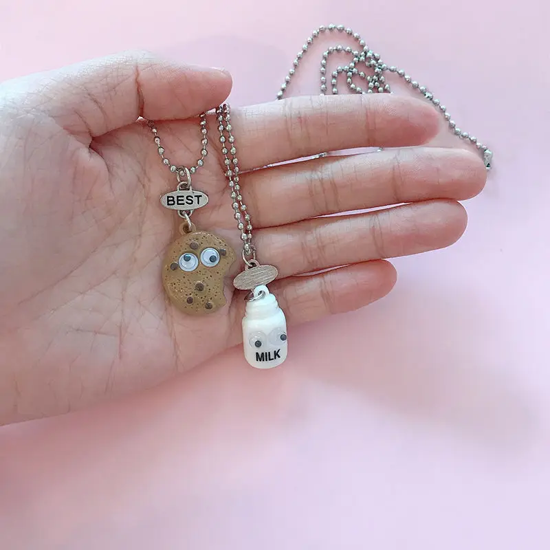 Cookie Milk Best Buds Pendant Necklaces For Women Girls BFF Friendship Silver Chain Jewelry Best Friends Necklace