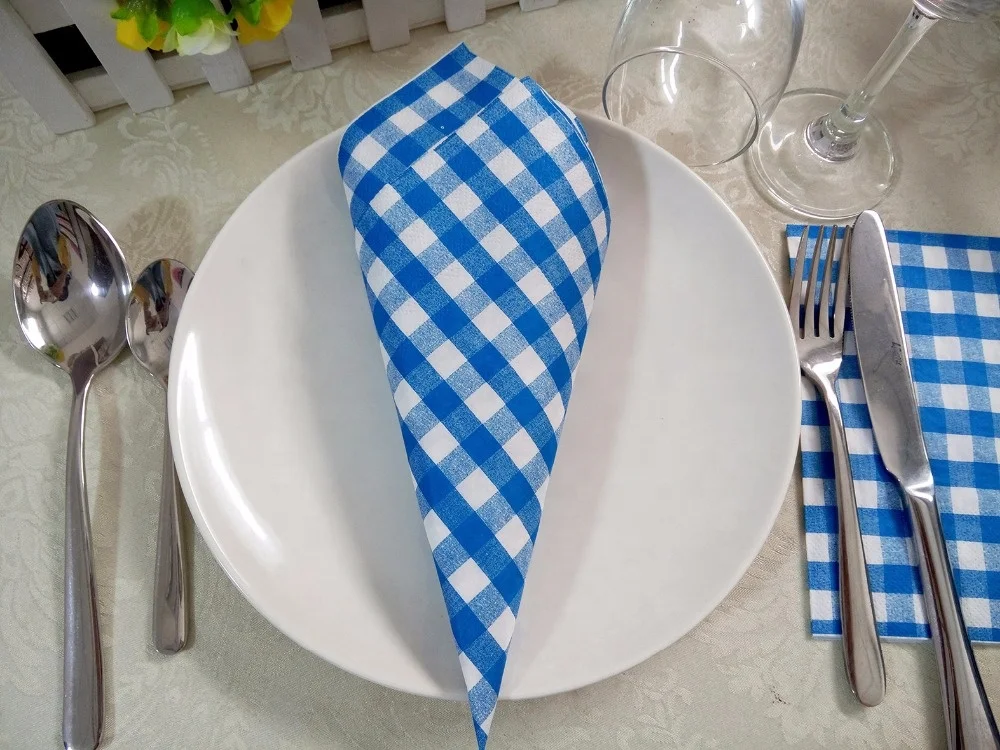 Factory Blue Red Yellow Green Grid Printed Dinner Paper Napkins 2Ply 3Ply For Wedding Party Use