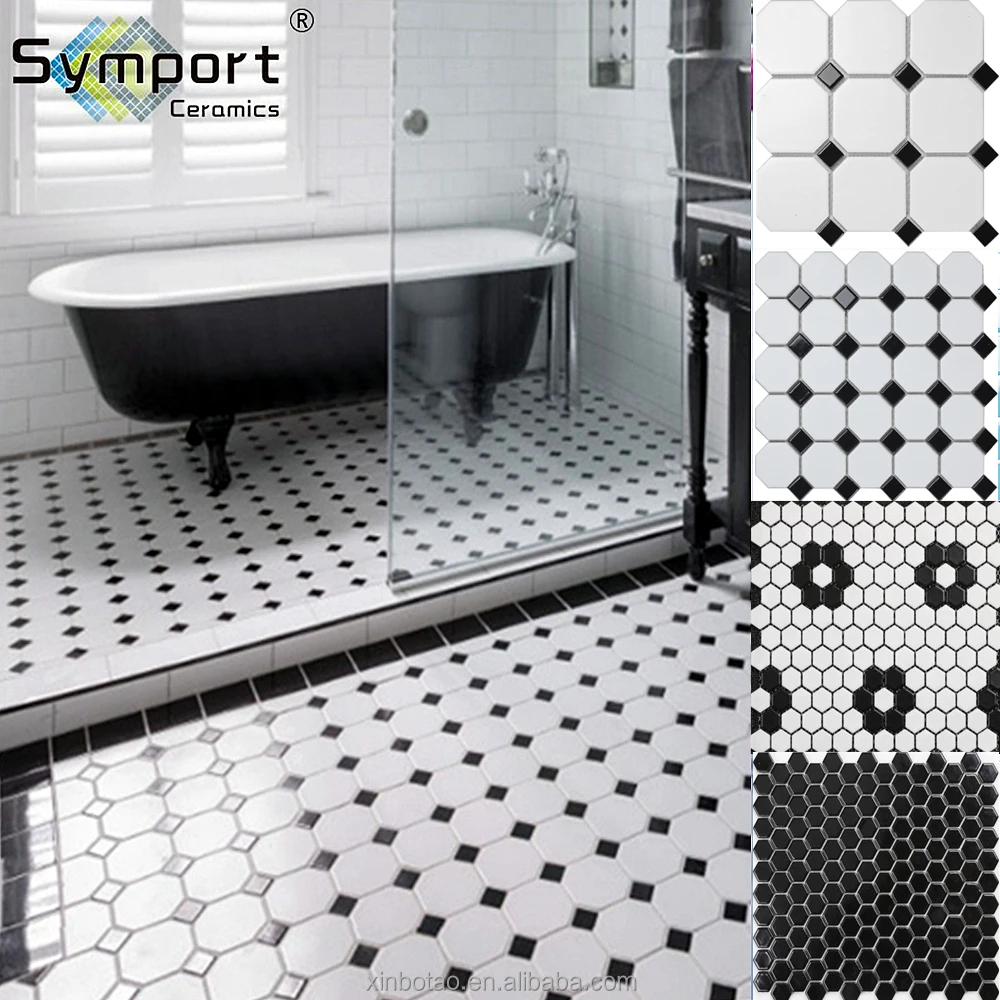 
Octagonal hexagon black and white ceramic mosaic tile porcelain bathroom floor tiles 