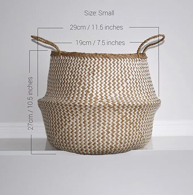 QJMAX Natural Woven Seagrass Tote Belly Basket For Storage Laundry Picnic