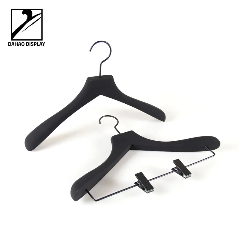 
black wooden clothes hanger with rubber coating 