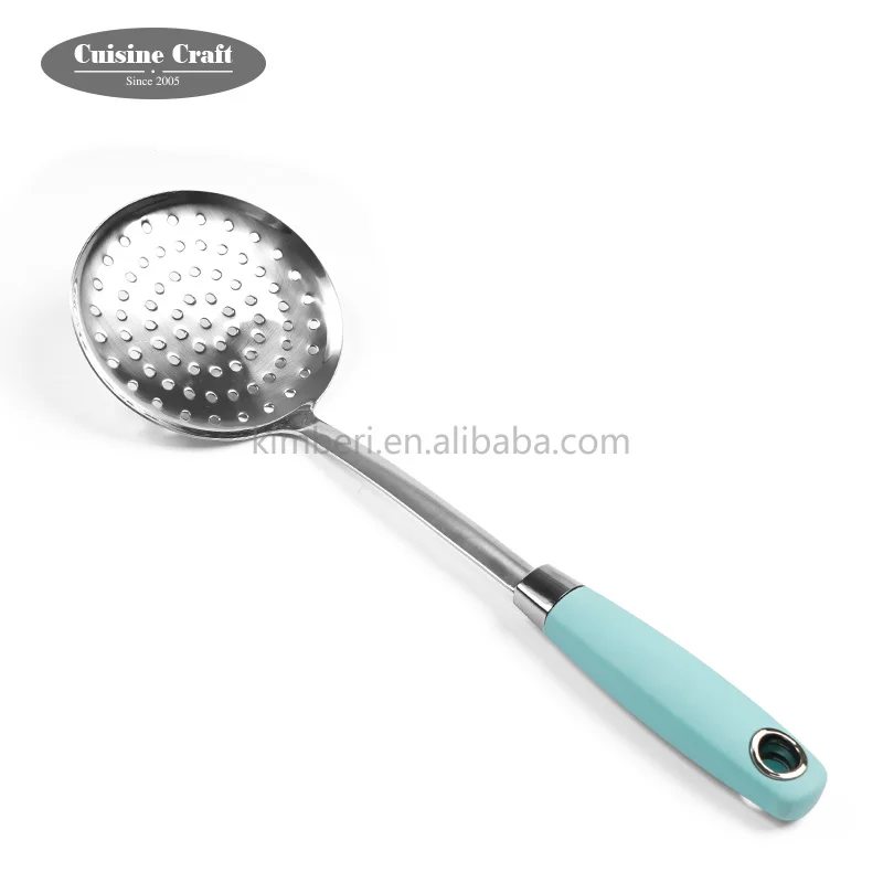 Hot selling kitchen utensils stainless steel strainer filter oil skimmer with blue comfort handle