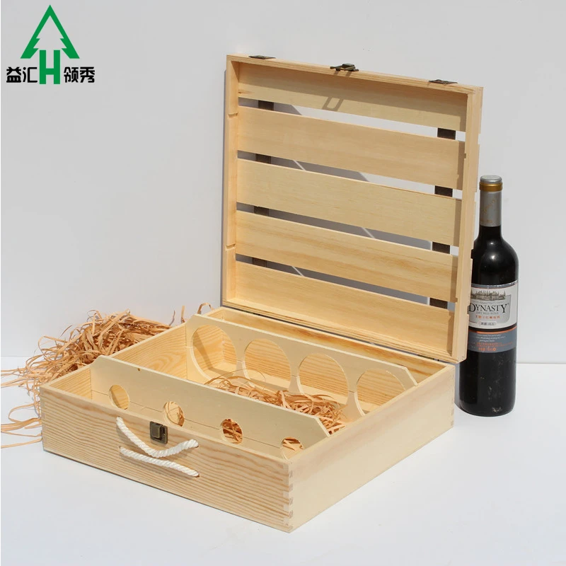 Custom handmade 4 bottles wooden wine gift boxes hinged box for wine
