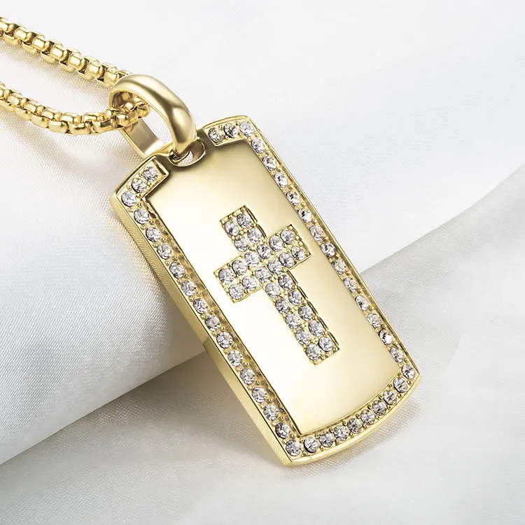 Promo Dog Tag Pendant High Quality Hip Hop Men Stainless Steel Gold Plating CZ Cross Piece Pendant