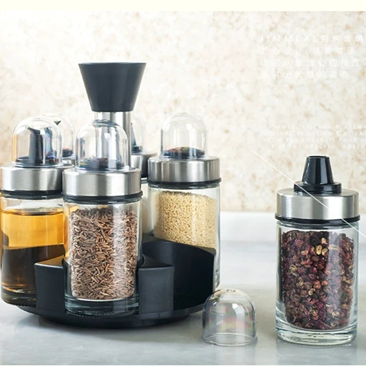 Stainless Steel spice pot/bottle/box glass Spice jars set with rotary spice rack
