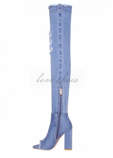 denim boots Over the knee Cut-out women Long Boots High Heels Sexy Thigh High Boots Jeans Denim Rome peep toe Sandal