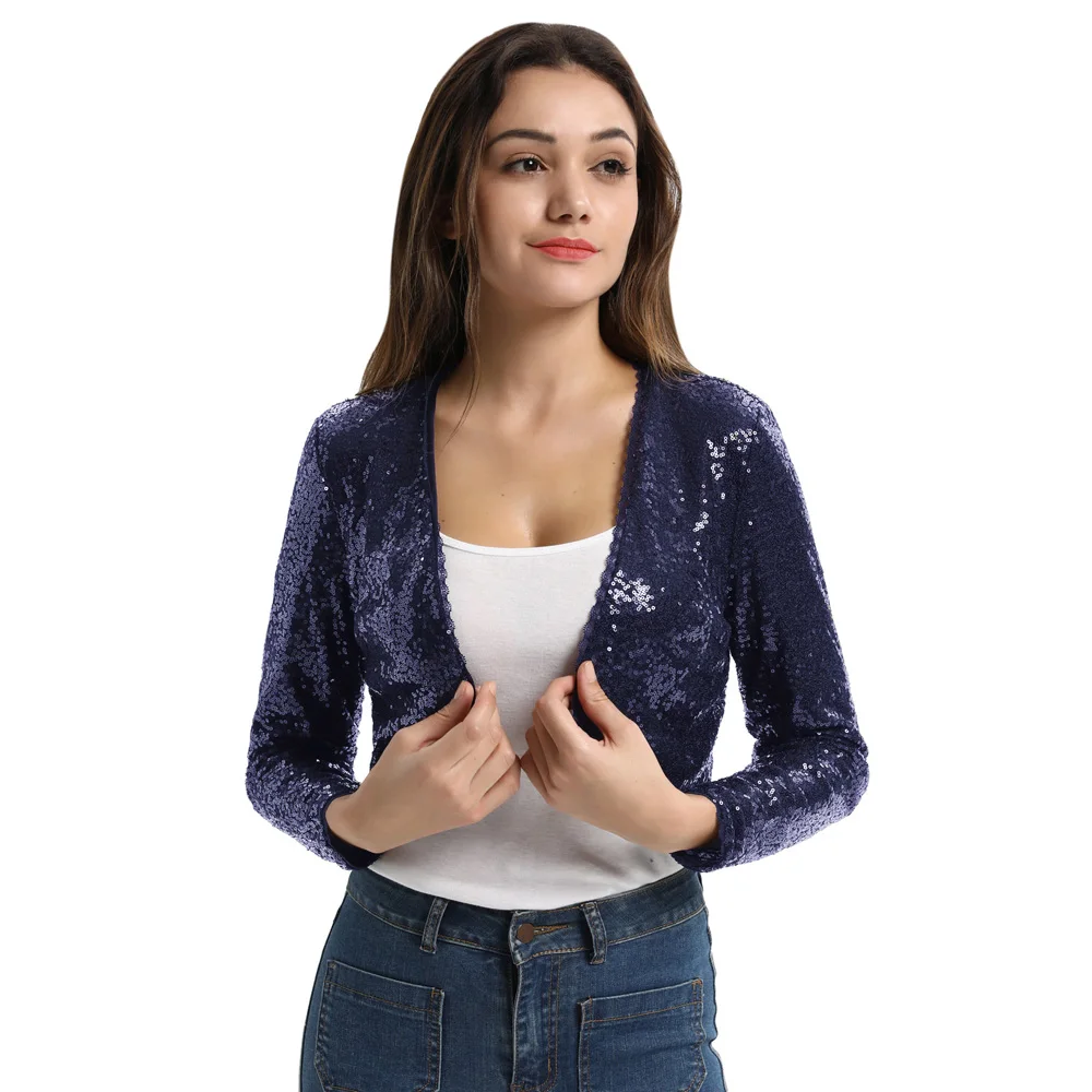 Wholesale Amazon Women Shining Sequined Long Sleeve Cropped Length Open Front Bolero Shrug