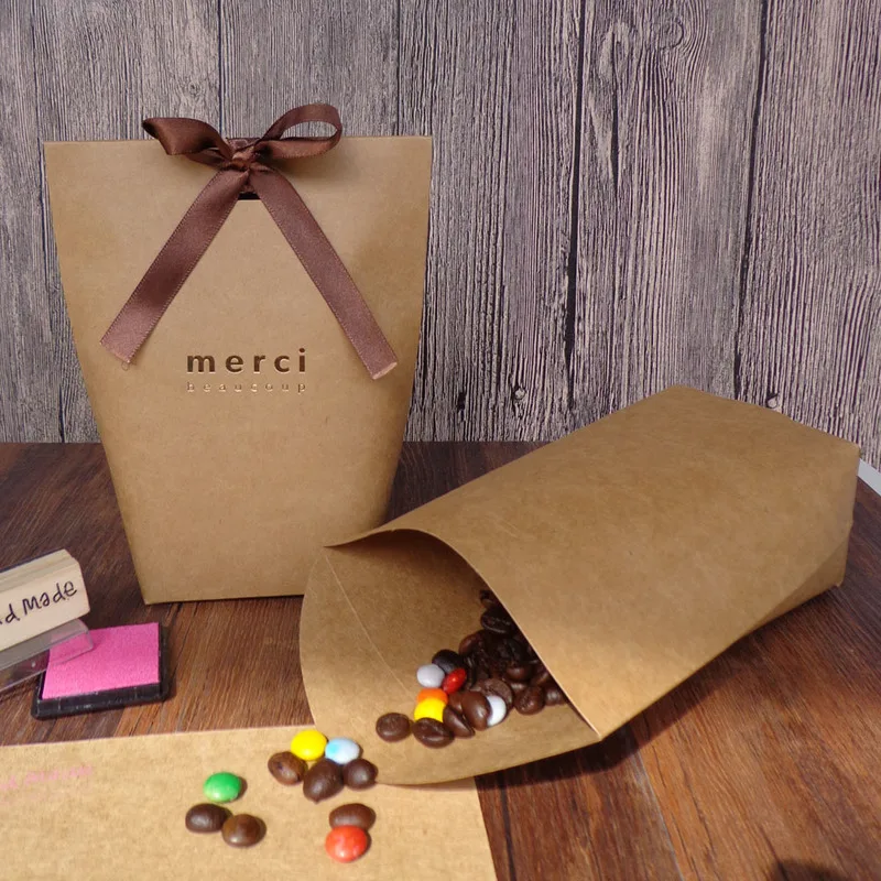 Small wedding favor Fancy Printed thank you Gift box kraft empty custom candy display Packaging chocolate Paper Bag with ribbon