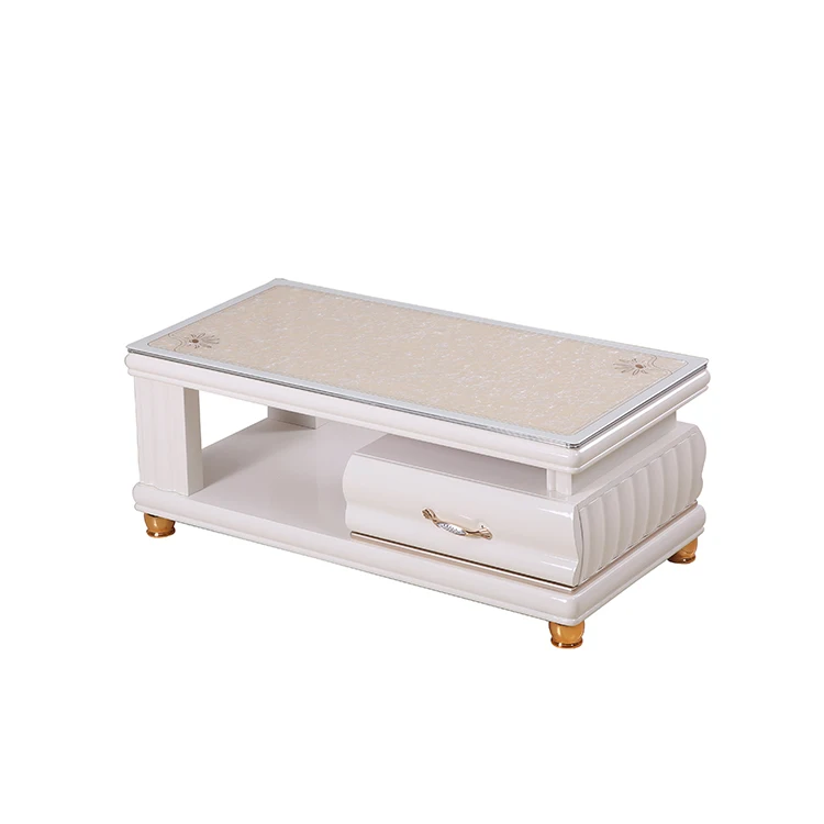 Beautiful White Simple Style Living Room Glass Top Coffee Table  with drawers For Home Goods