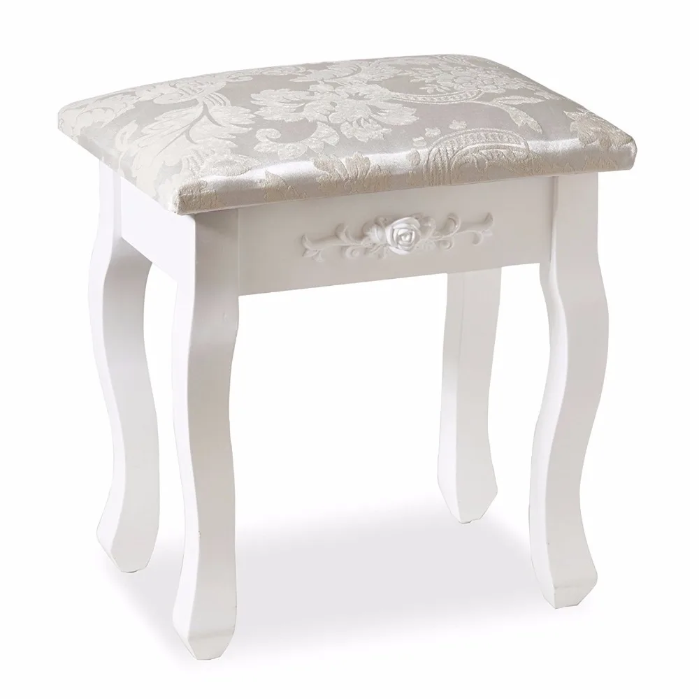 White Flora Dressing Table Stool Padded Cushion Vintage Piano Chair Padded Makeup Seat