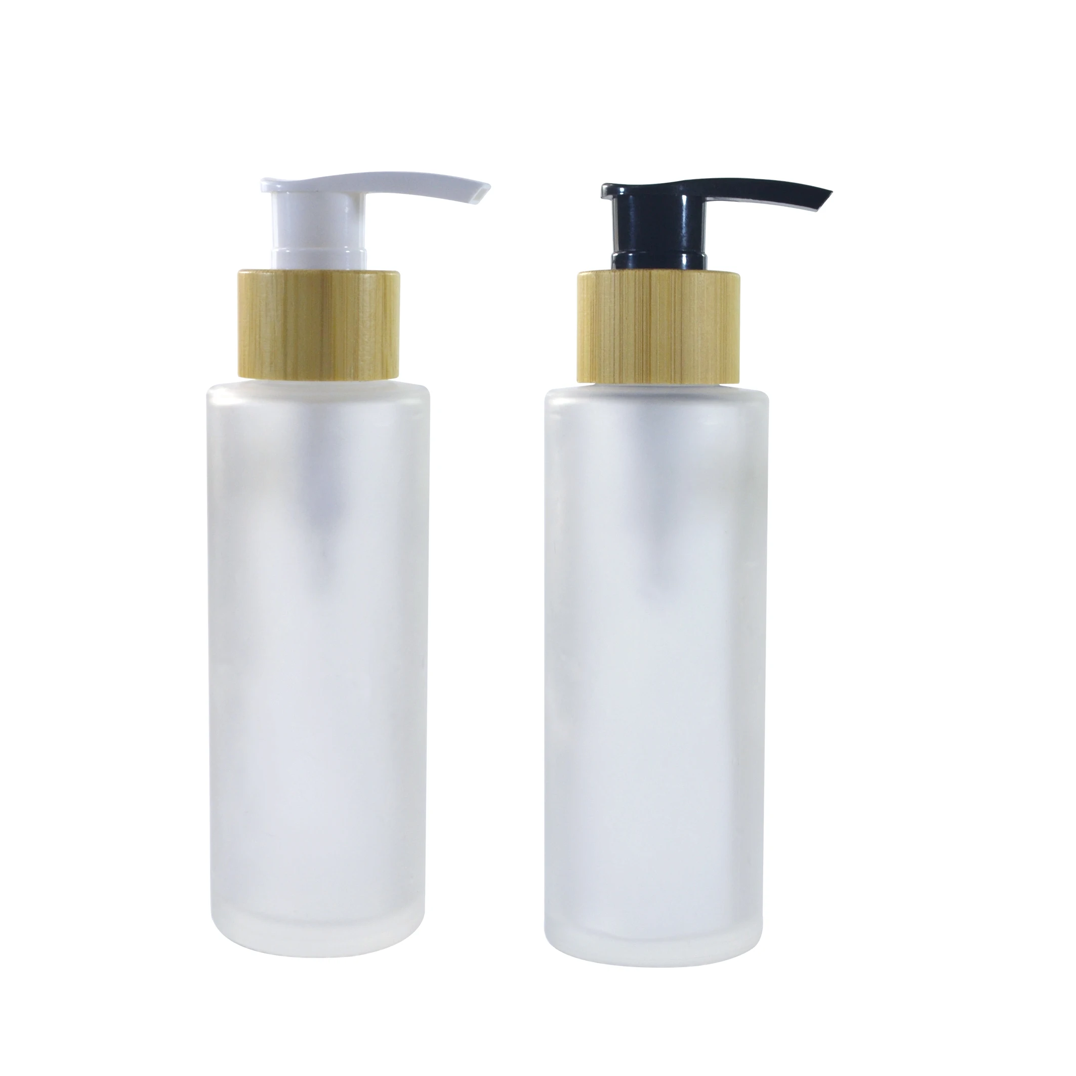 Hot selling 30ml 50ml 100ml 120ml 150ml cosmetic frosted glass bottle with bamboo spray pump lotion cap
