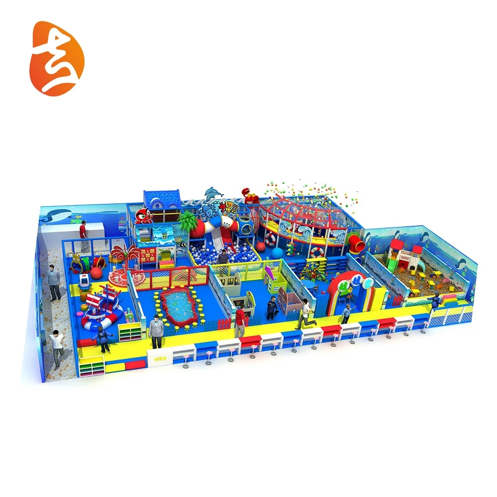 Children indoor soft playground with swing and slide, indoor playground ocean theme
