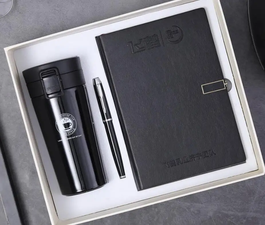2019 Wholesale cheap Custom School Notebook Thermos mug And Pen Gift Set A5 Leather Diary Notebook set