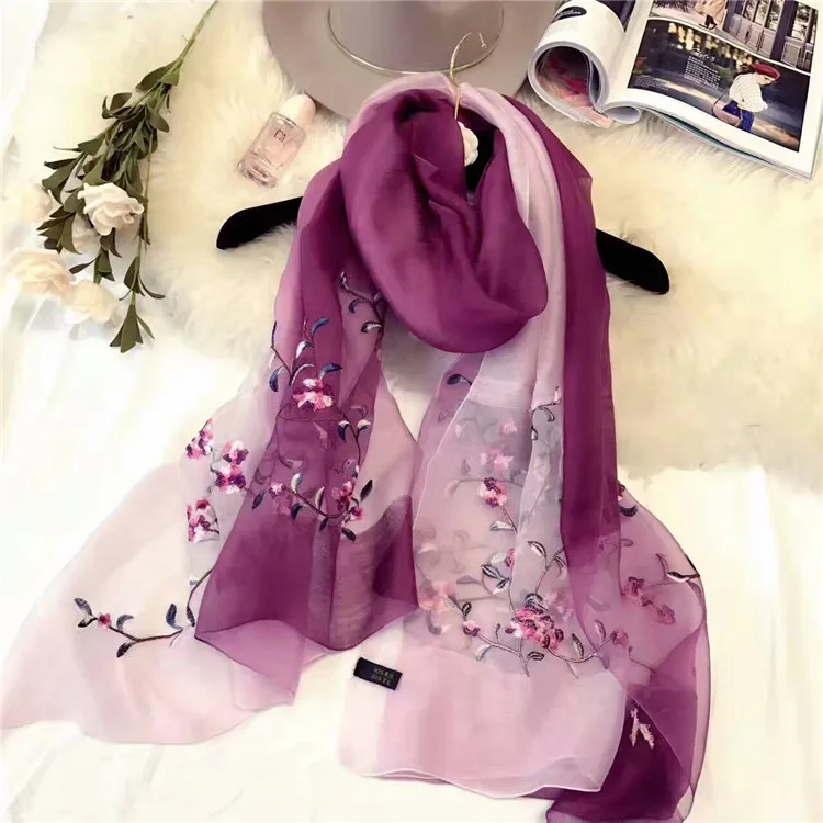 ZP wholesale lady long plain woven beautiful silk and wool hijab scarf flower embroidered