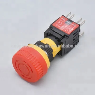 
16mm IP65 Waterproof Latching Emergency Stop, Momentary Mushroom Head Push Button Switch 