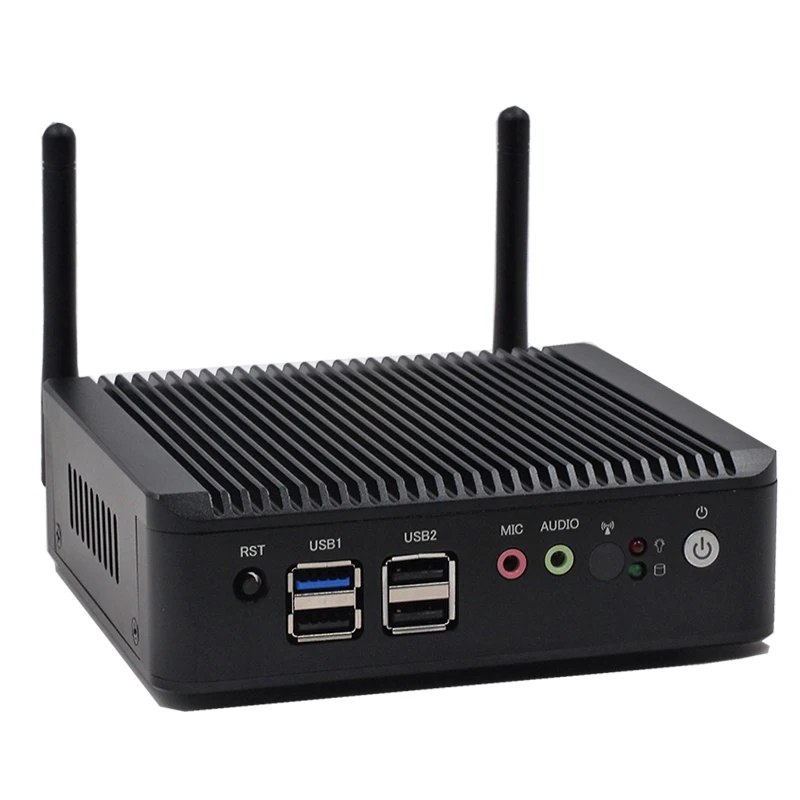 Fanless 12v mini pc Intel J1900 Pfsense Barebone pfsense firewall Mini PC With 4*LAN port Black Case