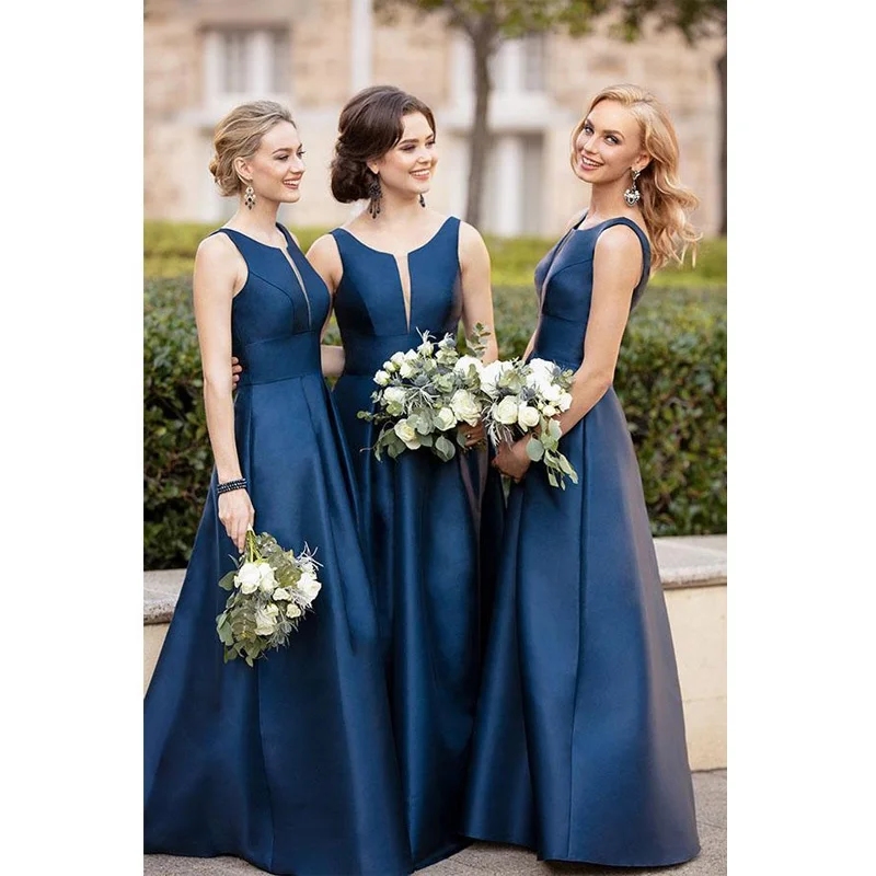 
Navy Blue Bridesmaid Dresses Long Satin A-Line Formal Dress Wedding Guest Gowns 2019 New Maid of Honor Gown 