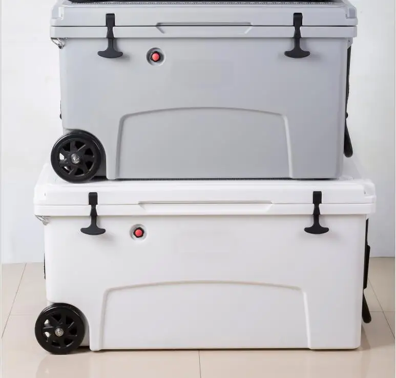 Rotomolded ice cooler box with wheel and trolley