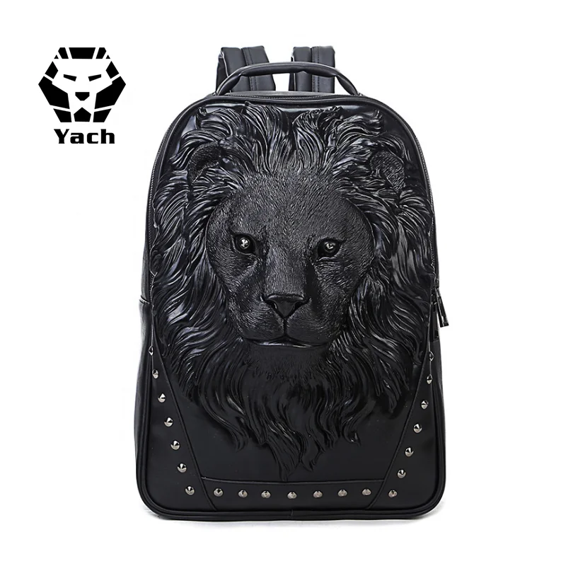 
Manufacturer pu backpack male foreign trade 3D animal lion head outdoor cool travel computer bag pu leather laptop backpack 