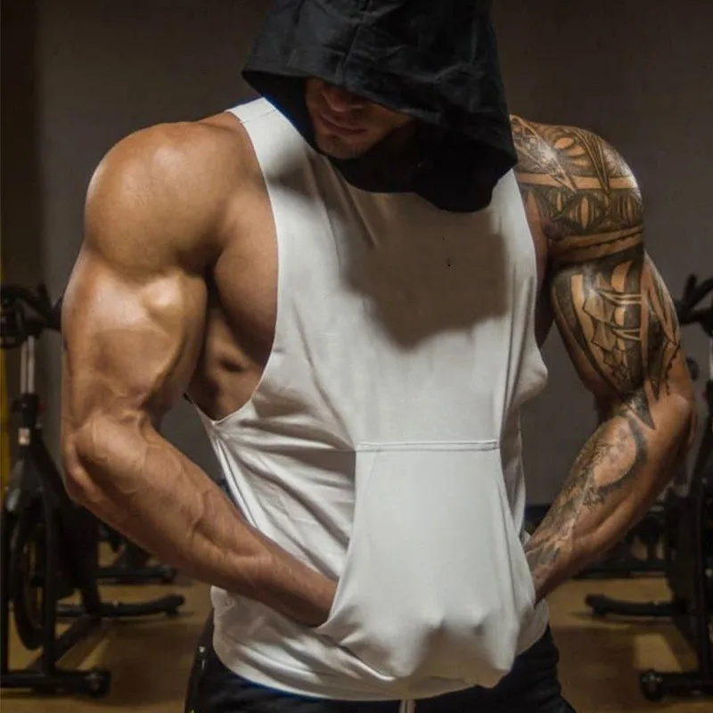 Новый стиль, жилет с капюшоном для тренажерного зала, мужские спортивные толстовки без рукавов