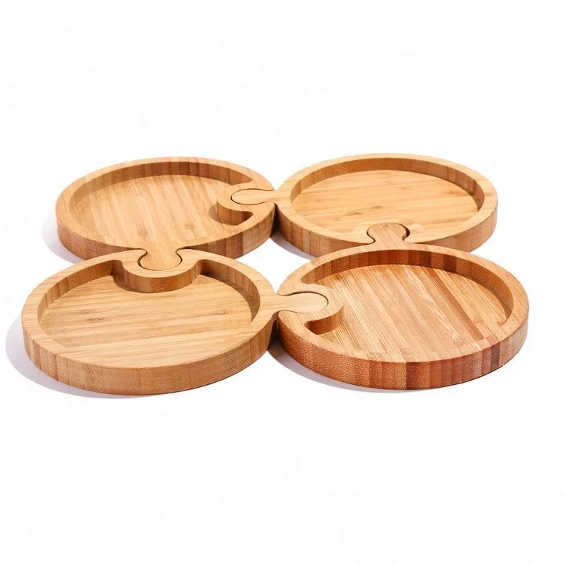 
New design Bamboo Party Food Serving Tray with Wine Glass Holder,sectional food tray Bamboo Curved Puzzle Platter 