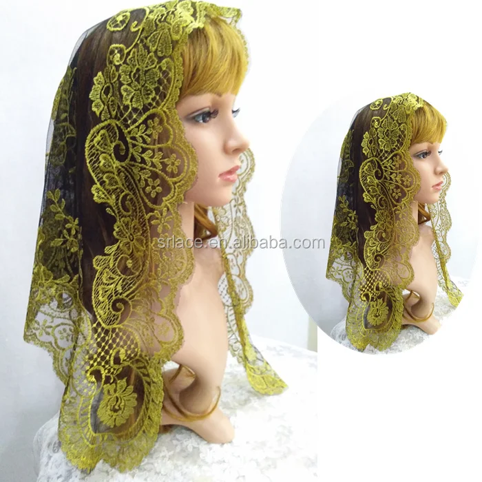 Желтая Золотая кружевная испанская кружевная Фата мантильи