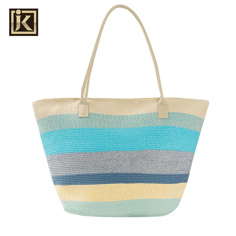 JAKIJAYI Factory price bohemia rainbow colorful hat stripe paper straw beach bag set for women