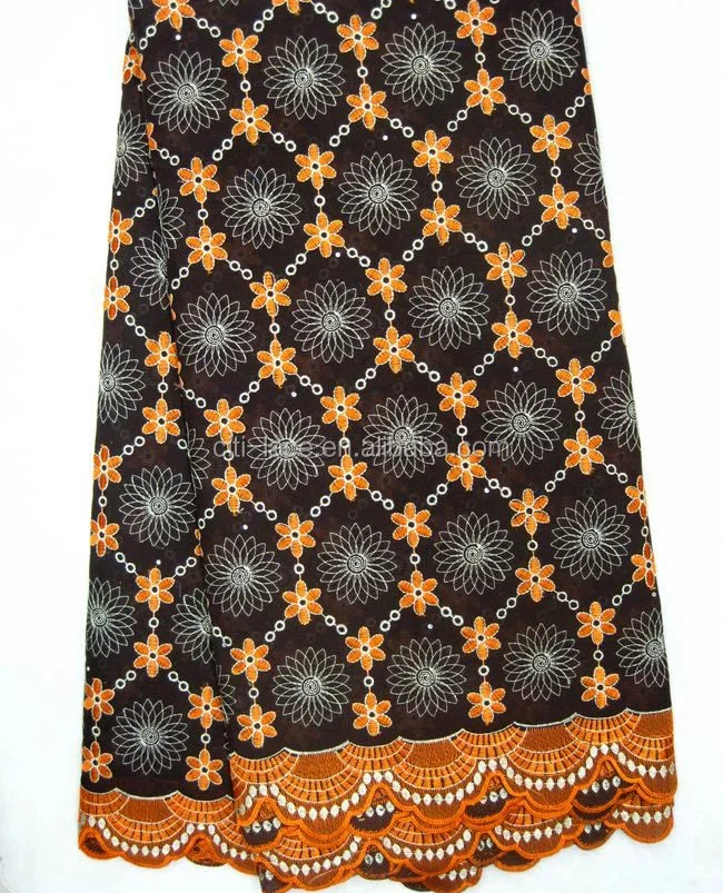 wholesale flower coffee and orange high quality 100% cotton big heavy swiss voile lace j209-2