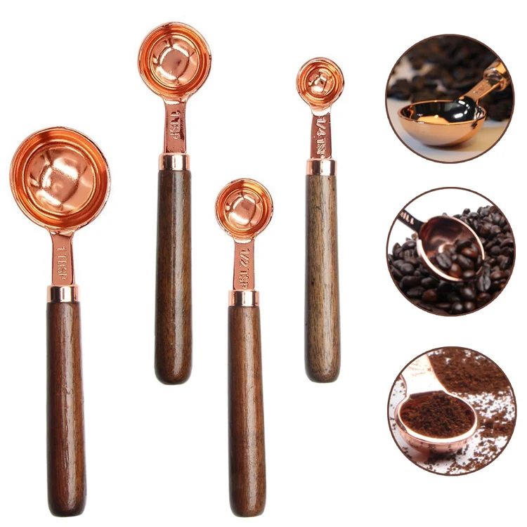 Copper Measuring Spoons Set of 4 Stainless Steel with Wooden Handle Engraved Measurements